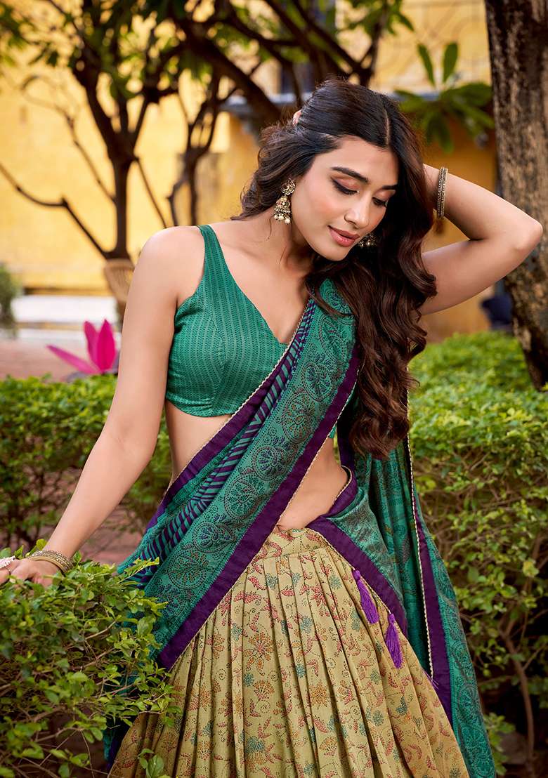 Firozi Silk Blend Lehenga Set with Printed for Diwali | Wedding & Festive Wear - Indya