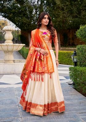 White Solid Silk Blend Lehenga Set