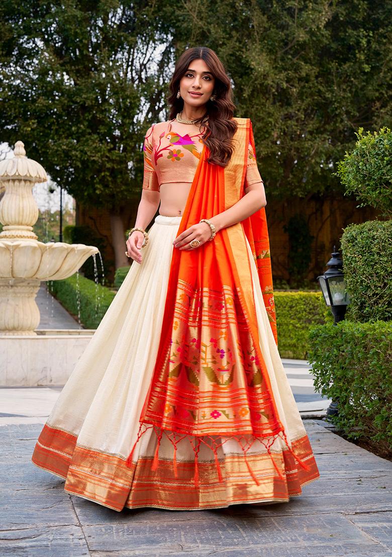White Solid Silk Blend Lehenga Set - Indya