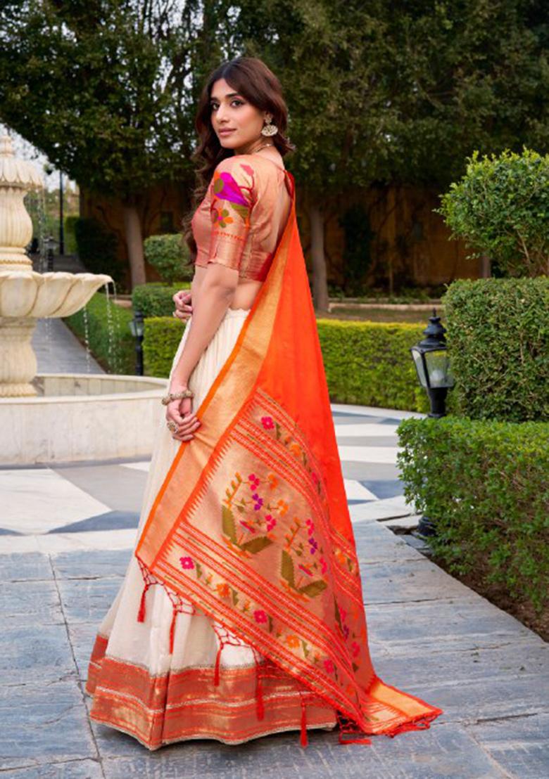 White Solid Silk Blend Lehenga Set - Indya