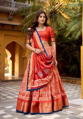 Orange Zari Work Silk Blend Lehenga Set