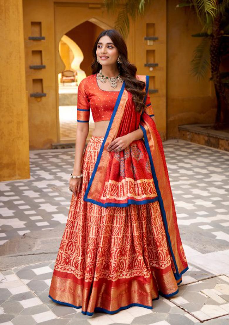 Orange Zari Work Silk Blend Lehenga Set - Indya