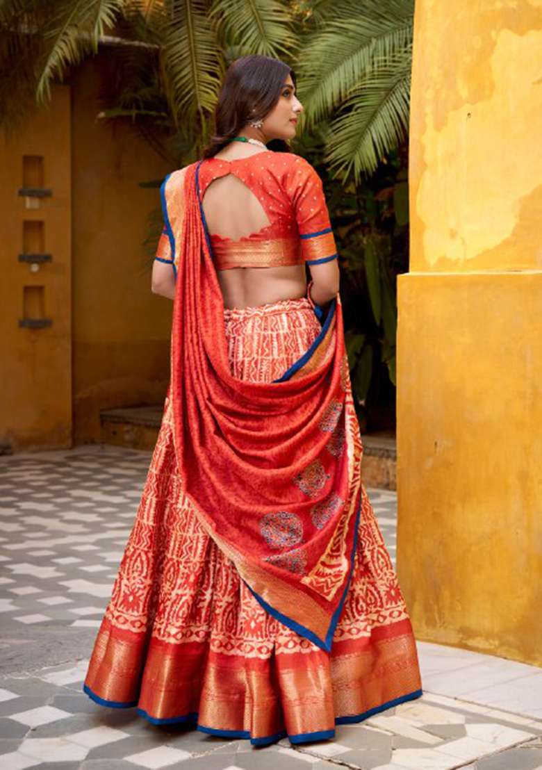 Orange Zari Work Silk Blend Lehenga Set for Diwali and Festive Wear - Indya