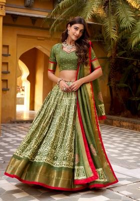 Mehendi Green Zari Work Silk Blend Lehenga Set