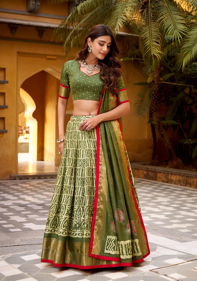 Mehendi Green Zari Work Silk Blend Lehenga Set - Indya
