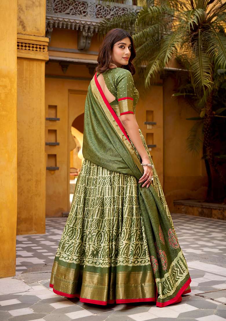 Mehendi Green Zari Work Silk Blend Lehenga Set for Diwali and Festive Wear - Indya