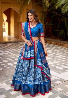 Blue Zari Work Silk Blend Lehenga Set
