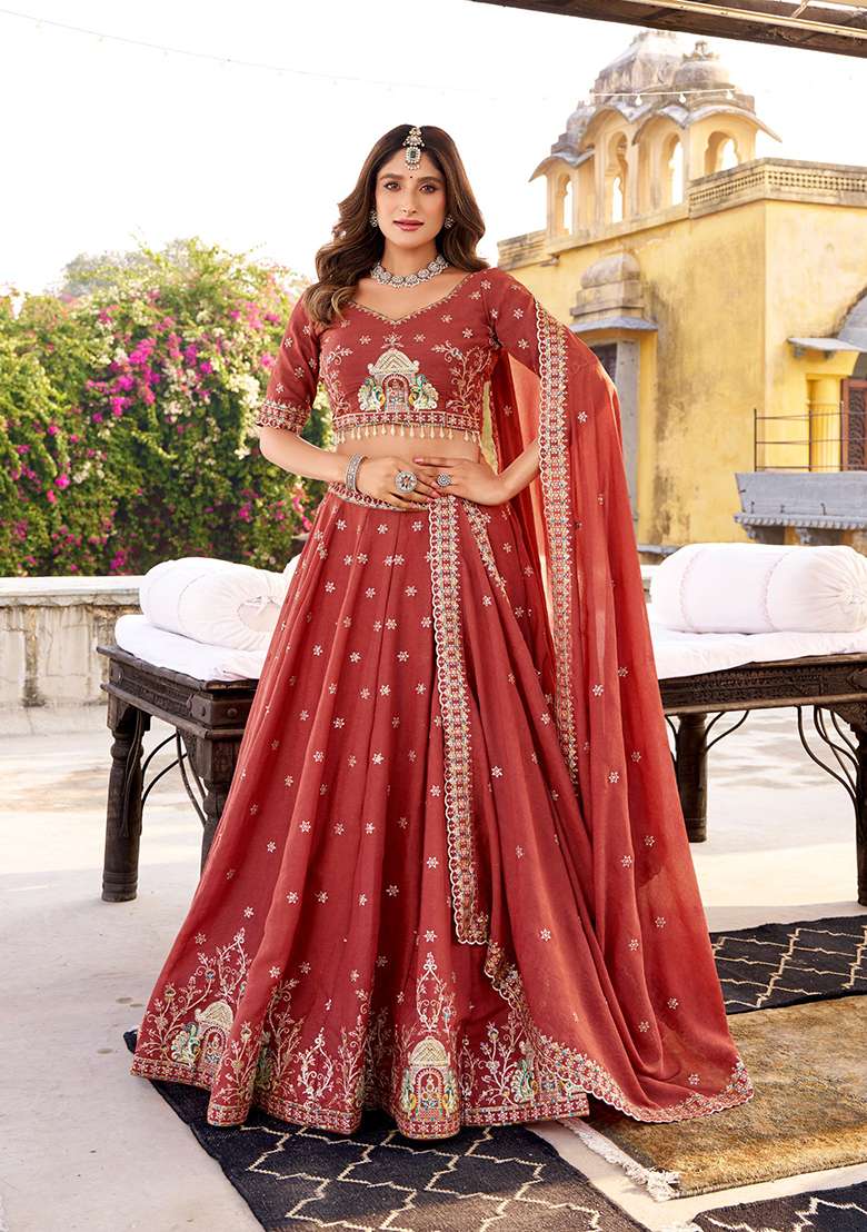 Maroon Sequin Blended Lehenga Set - Indya