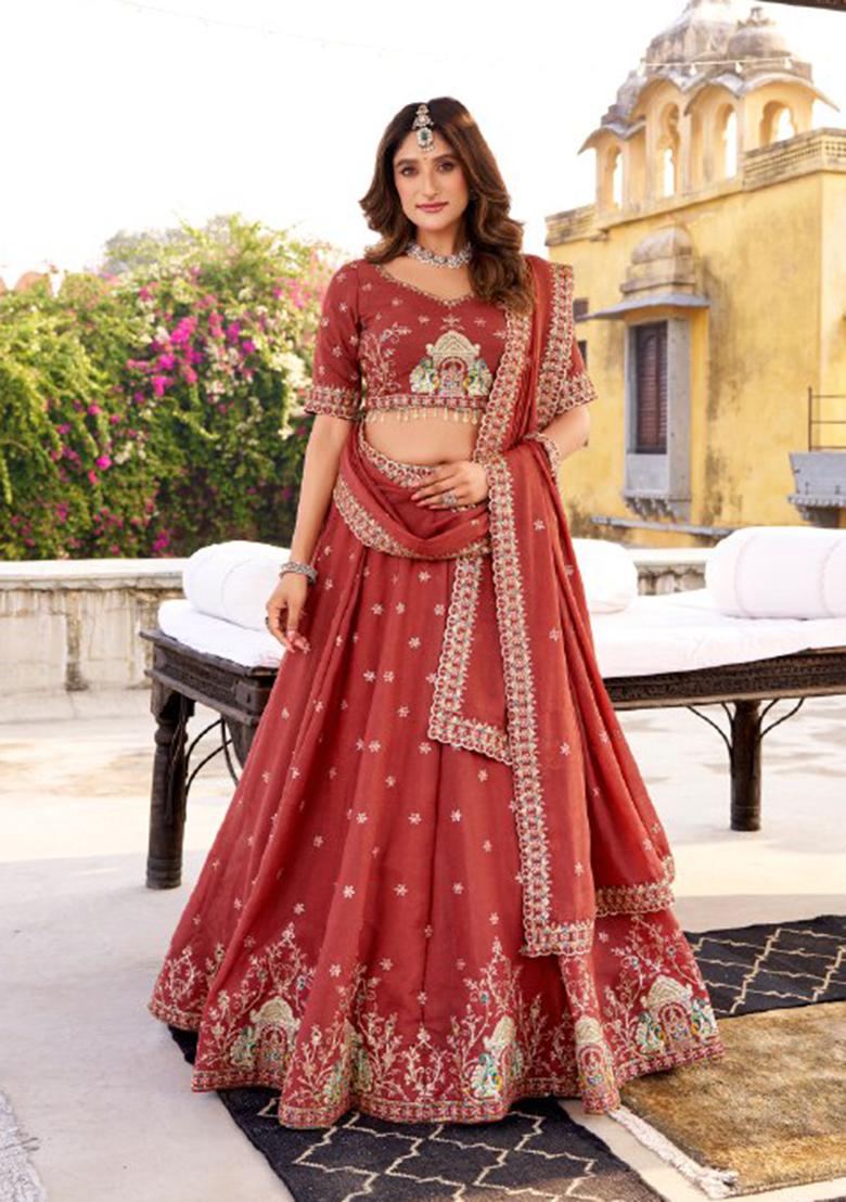 Maroon Sequin Blended Lehenga Set - Indya