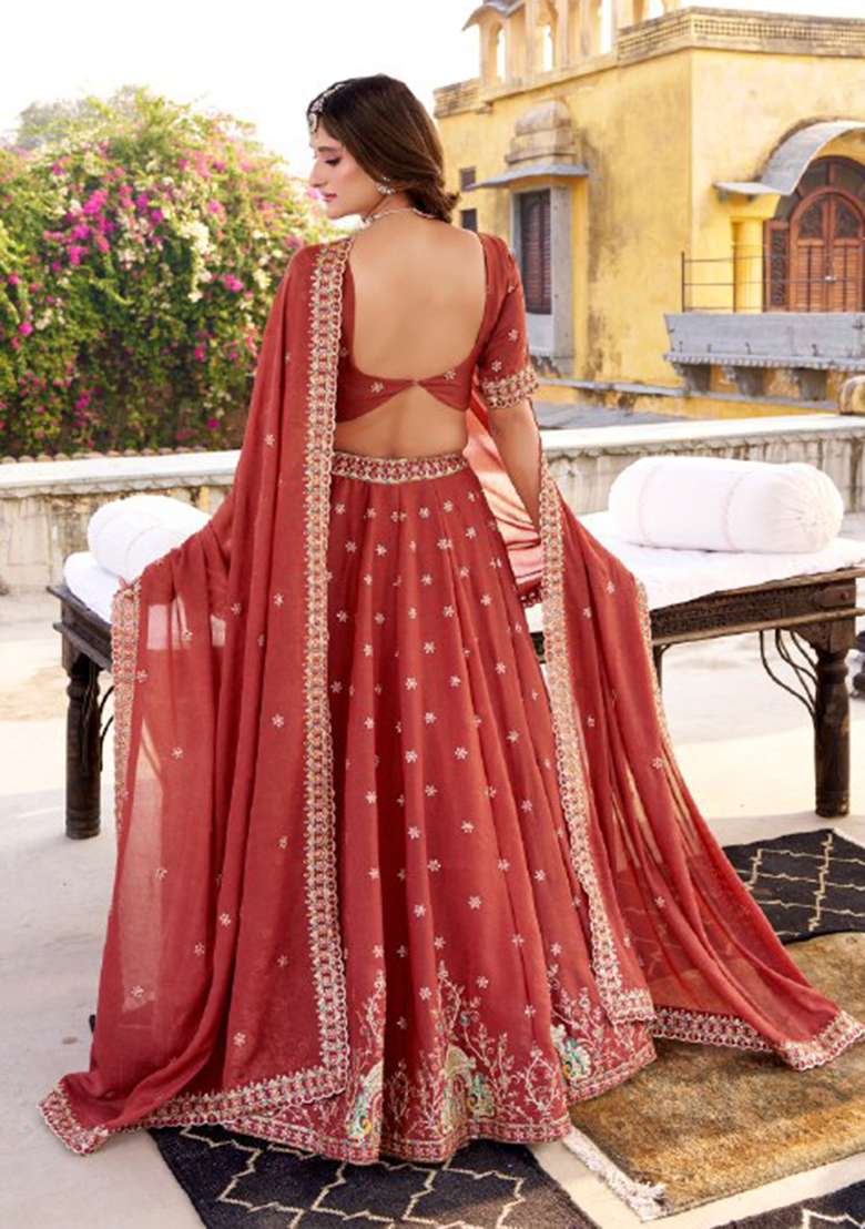Maroon Sequin Blended Lehenga Set - Indya