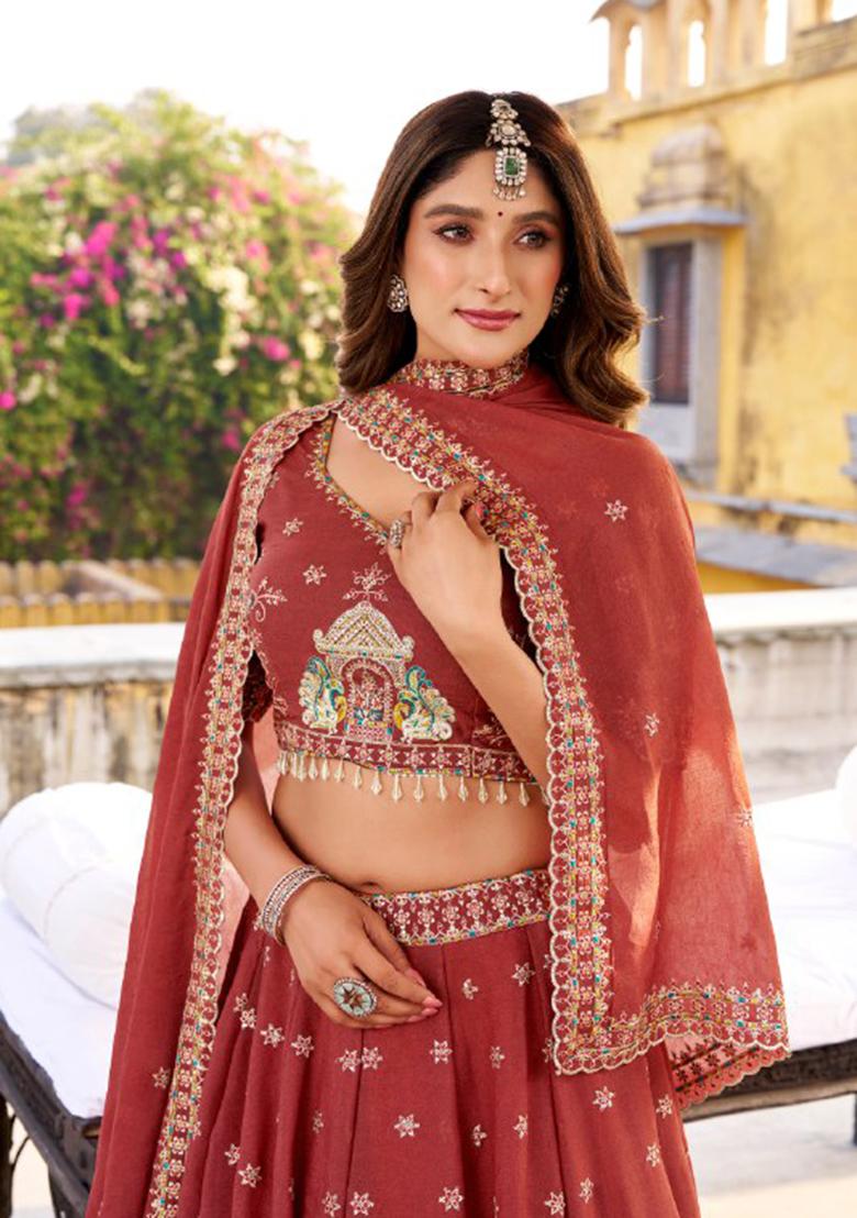 Maroon Sequin Blended Lehenga Set - Indya