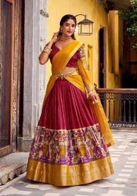 Red Printed Poly Chanderi Lehenga Set
