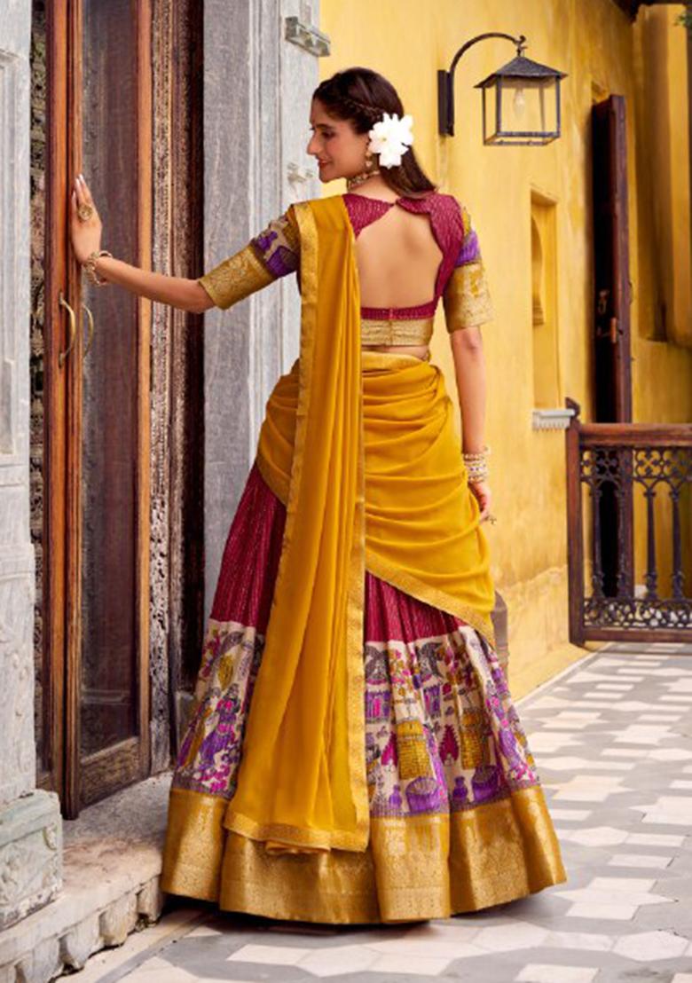 Red Printed Poly Chanderi Lehenga Set - Indya