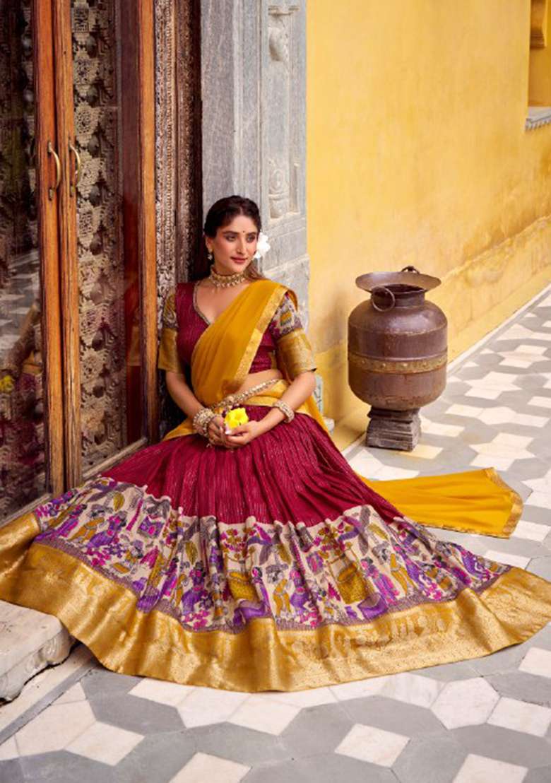 Red Poly Chanderi Lehenga Set with Printed for Diwali | Wedding & Festive Wear - Indya