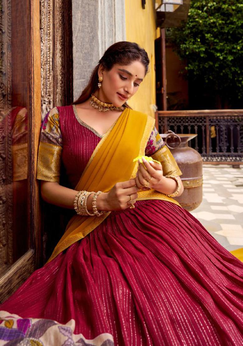 Red Printed Poly Chanderi Lehenga Set - Indya