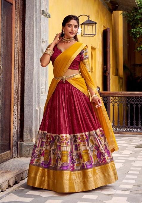 Red Printed Poly Chanderi Lehenga Set