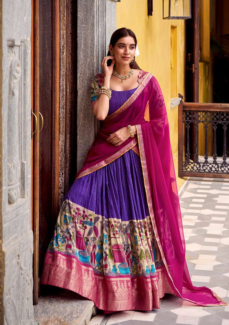 Purple Poly Chanderi Lehenga Set with Printed for Diwali | Wedding & Festive Wear - Indya