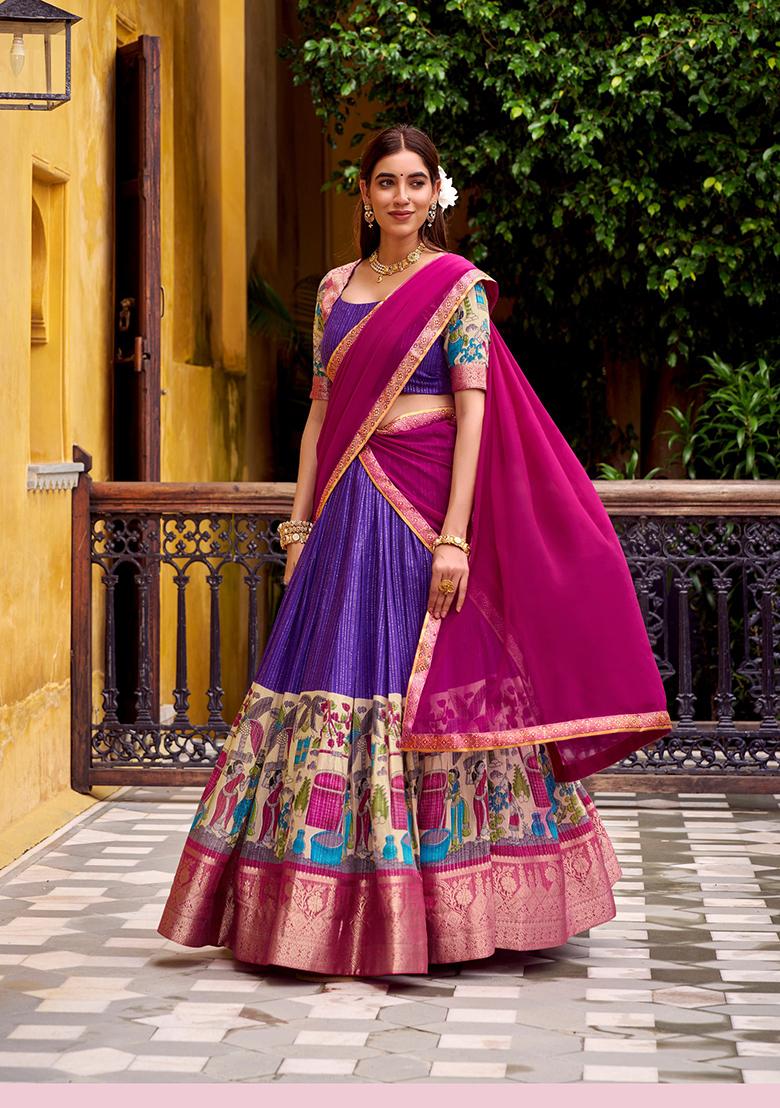 Purple Printed Poly Chanderi Lehenga Set - Indya