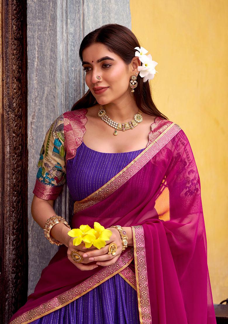 Purple Printed Poly Chanderi Lehenga Set - Indya