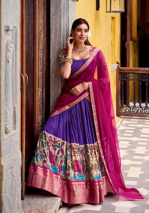 Purple Printed Poly Chanderi Lehenga Set