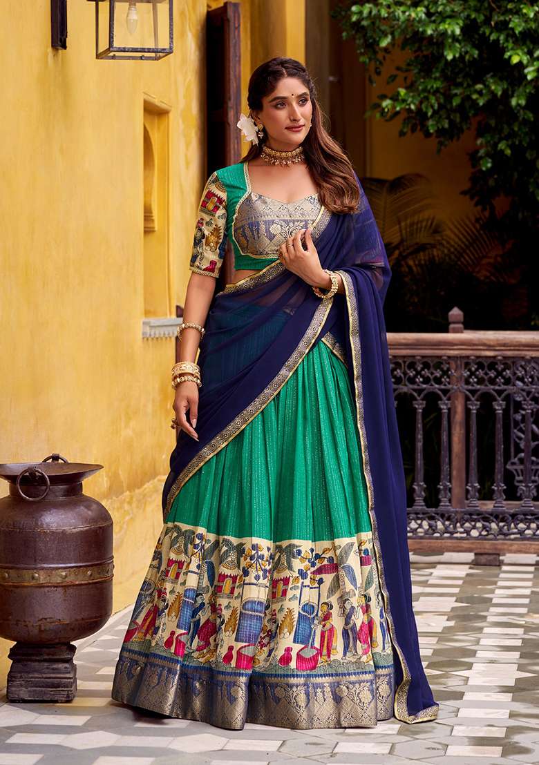 Green Poly Chanderi Lehenga Set with Printed for Diwali | Wedding & Festive Wear - Indya