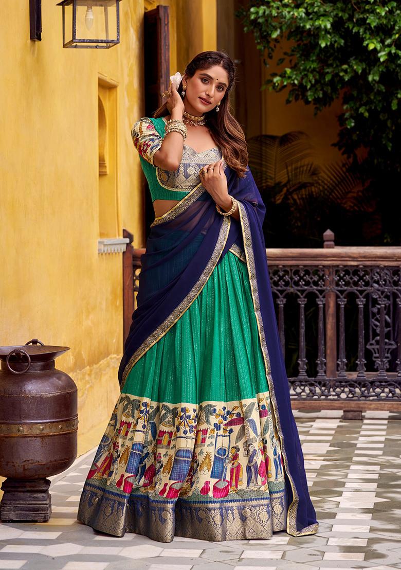 Green Printed Poly Chanderi Lehenga Set - Indya