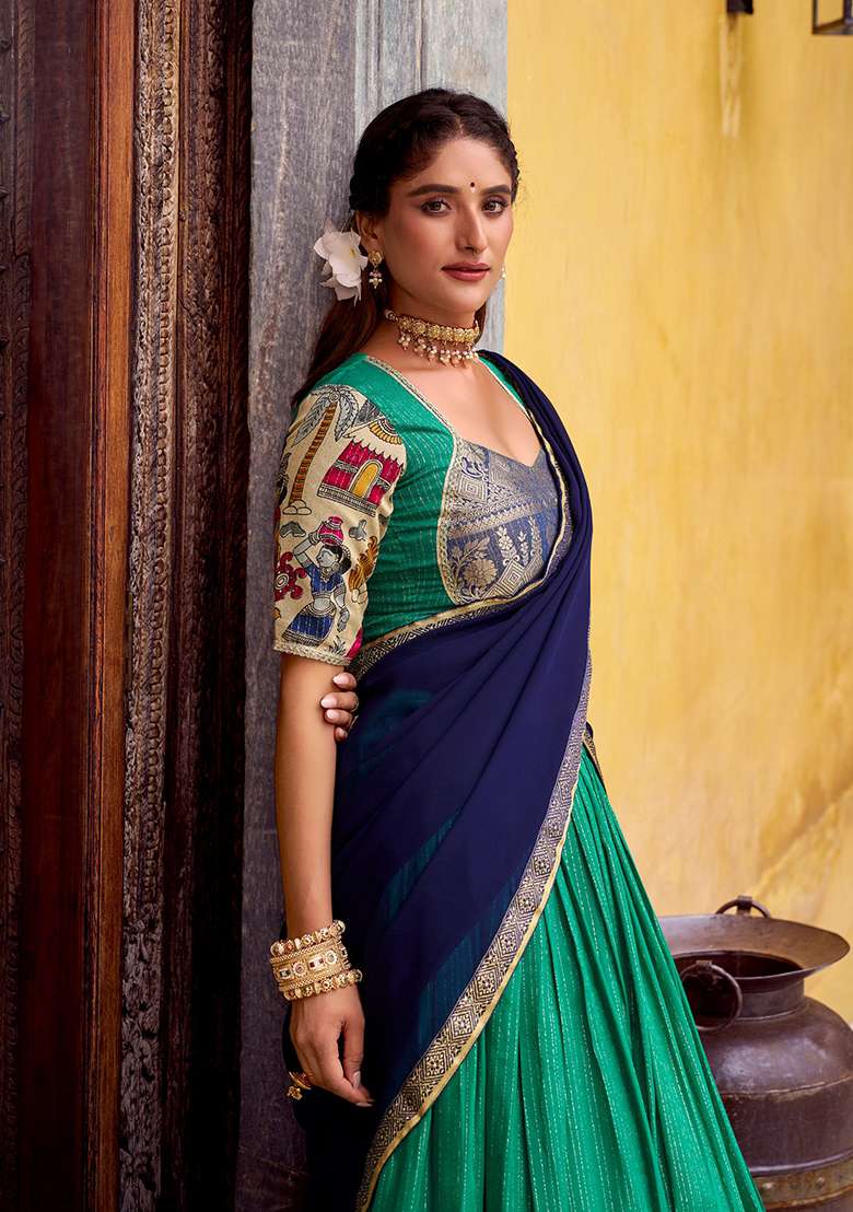 Green Poly Chanderi Lehenga Set with Printed for Diwali | Wedding & Festive Wear - Indya