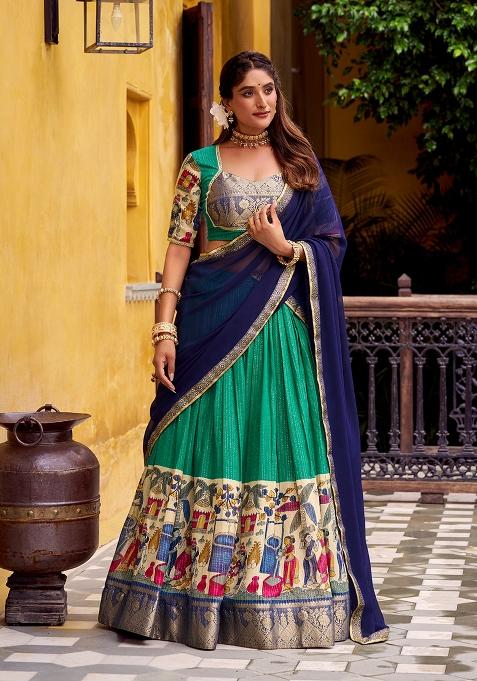 Green Printed Poly Chanderi Lehenga Set