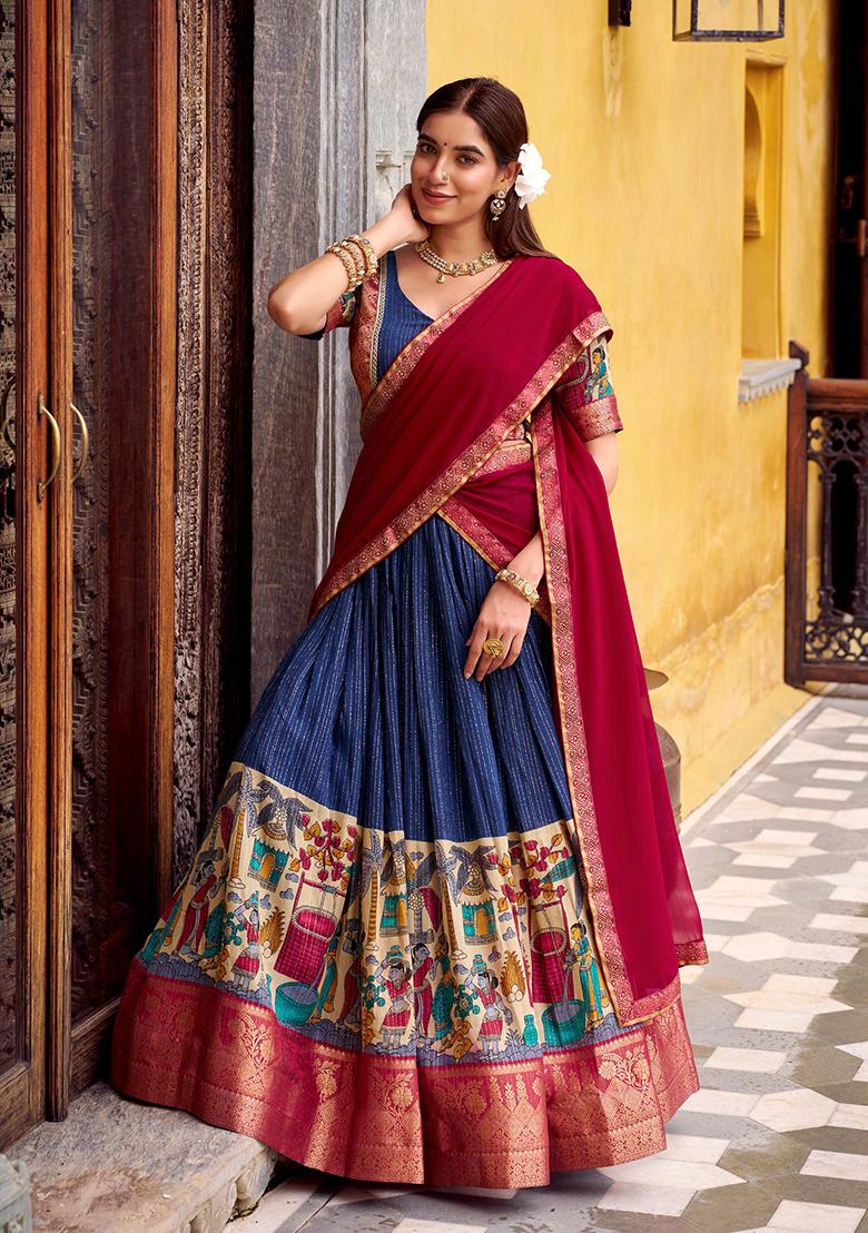 Blue Printed Poly Chanderi Lehenga Set - Indya