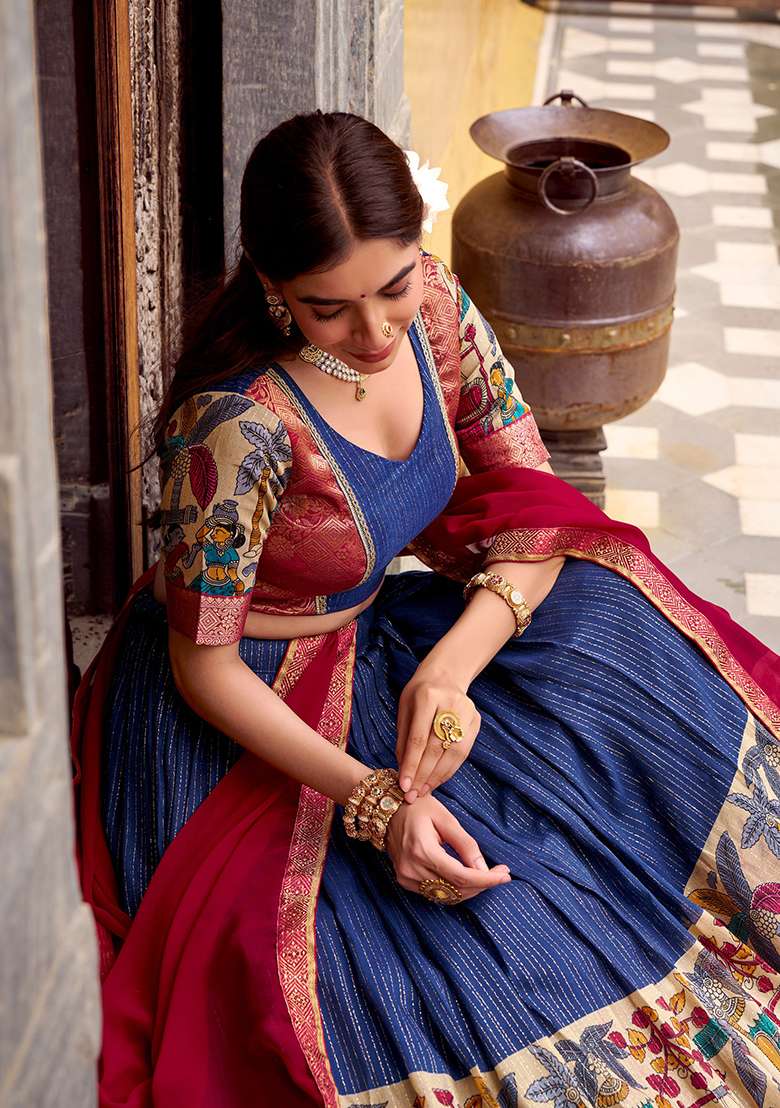 Blue Printed Poly Chanderi Lehenga Set for Diwali and Festive Wear - Indya