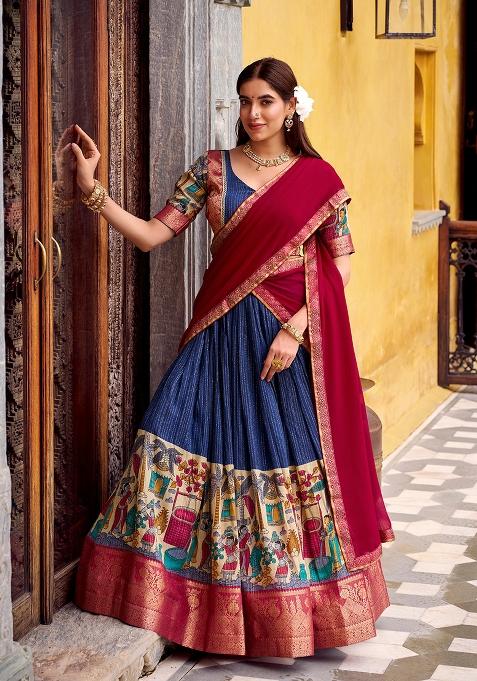 Blue Printed Poly Chanderi Lehenga Set