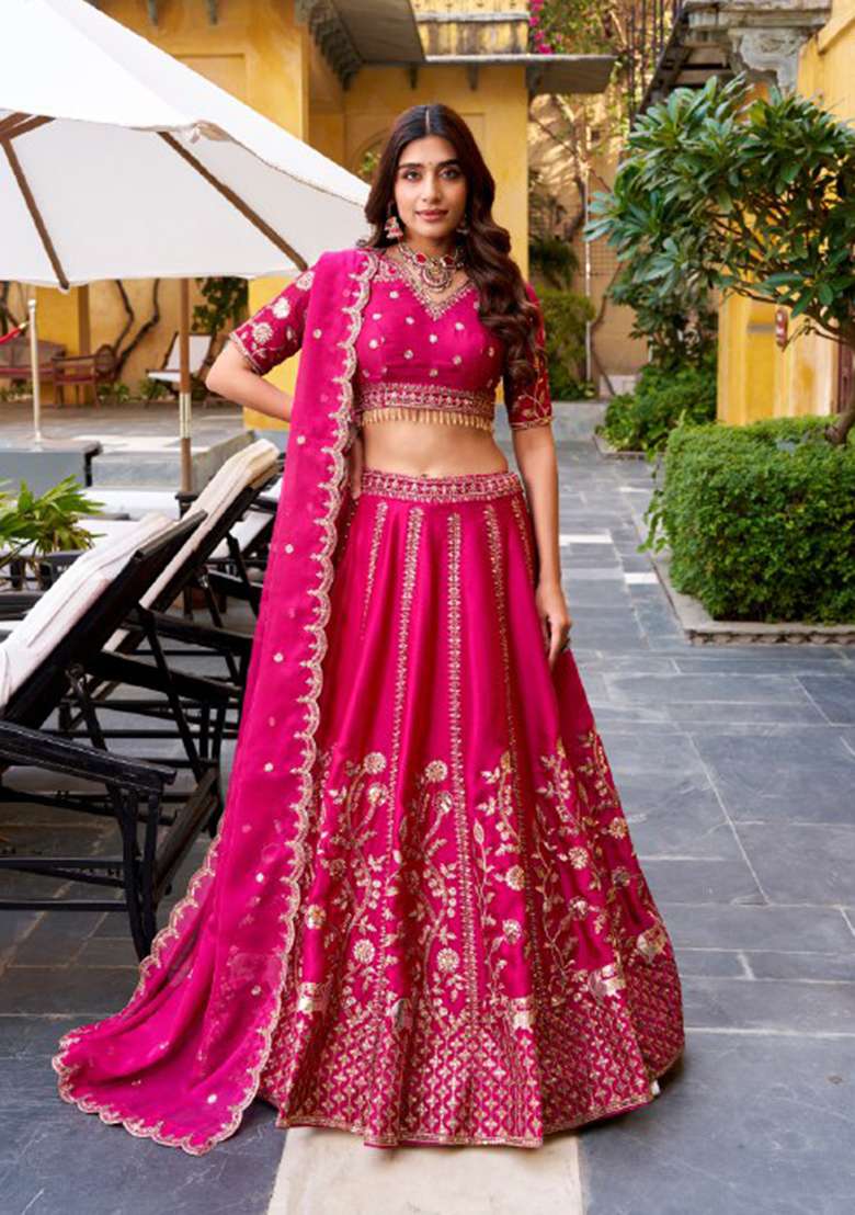 Pink Sequin Silk Blend Lehenga Set - Indya