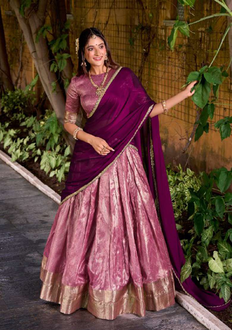 Pink Zari Work Silk Blend Lehenga Set for Diwali and Festive Wear - Indya