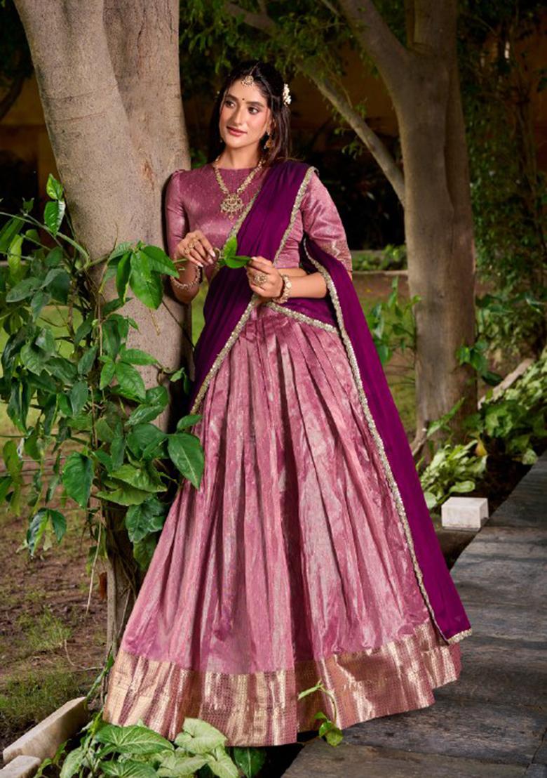 Pink Zari Work Silk Blend Lehenga Set - Indya