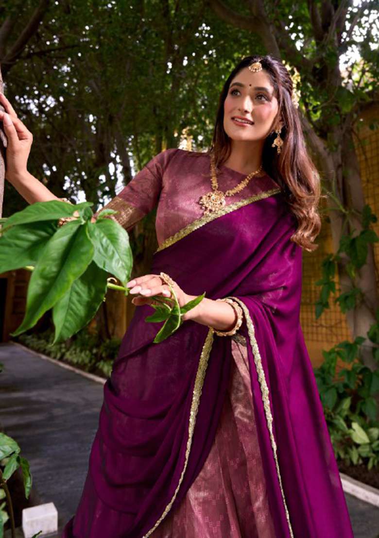 Pink Zari Work Silk Blend Lehenga Set for Diwali and Festive Wear - Indya