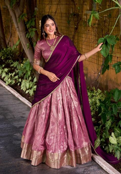 Pink Zari Work Silk Blend Lehenga Set