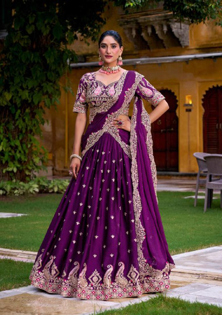 Purple Sequin Blended Lehenga Set - Indya
