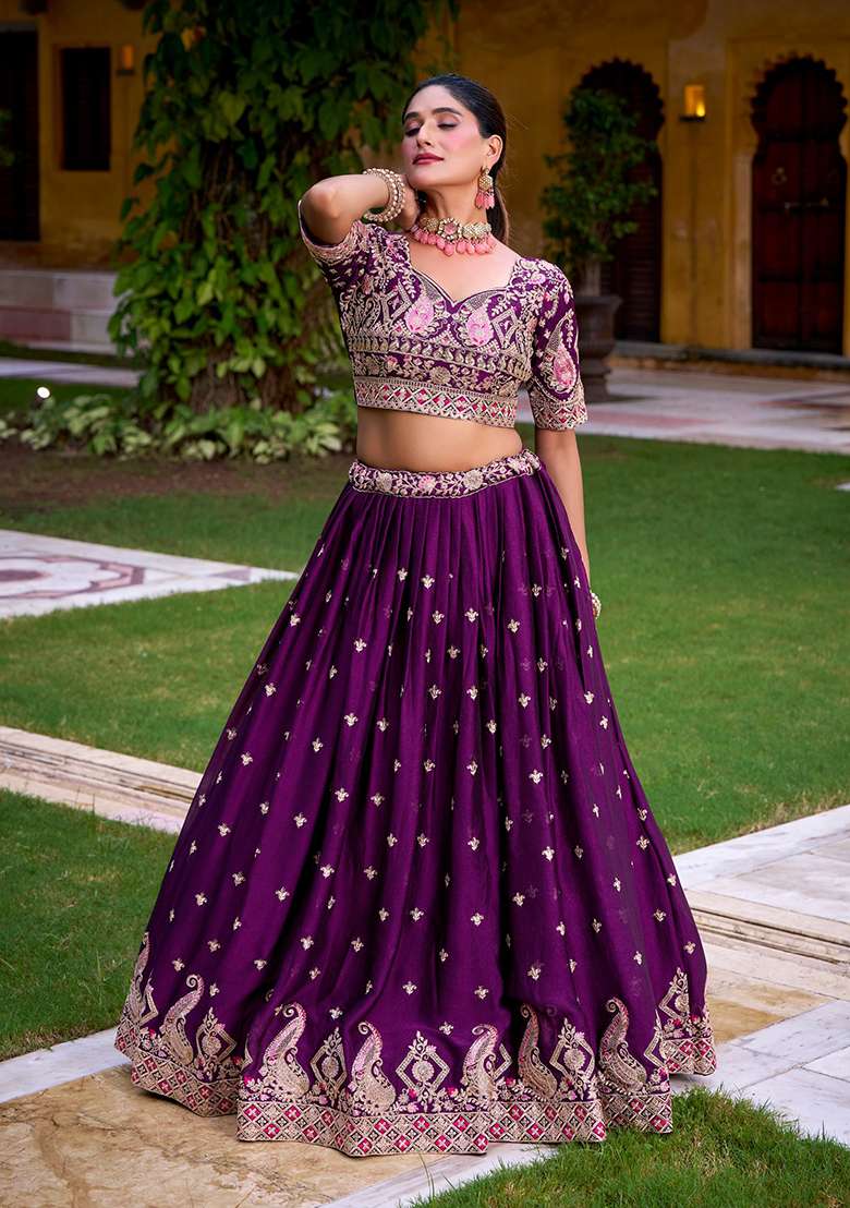 Purple Sequin Blended Lehenga Set - Indya
