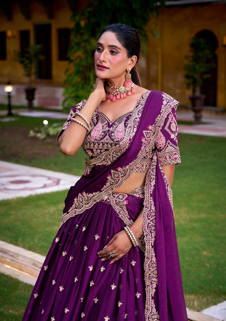 Purple Sequin Blended Lehenga Set - Indya
