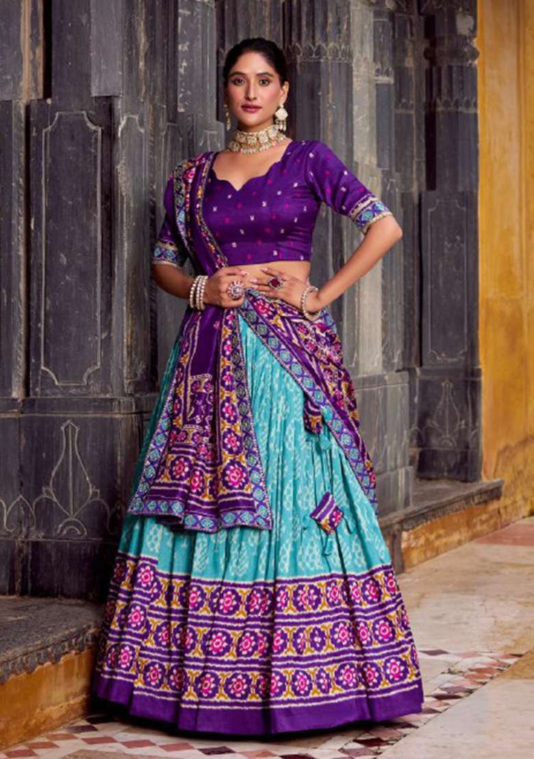 Blue Ikkat Print Silk Blend Lehenga Set for Diwali | Wedding & Festive Wear - Indya