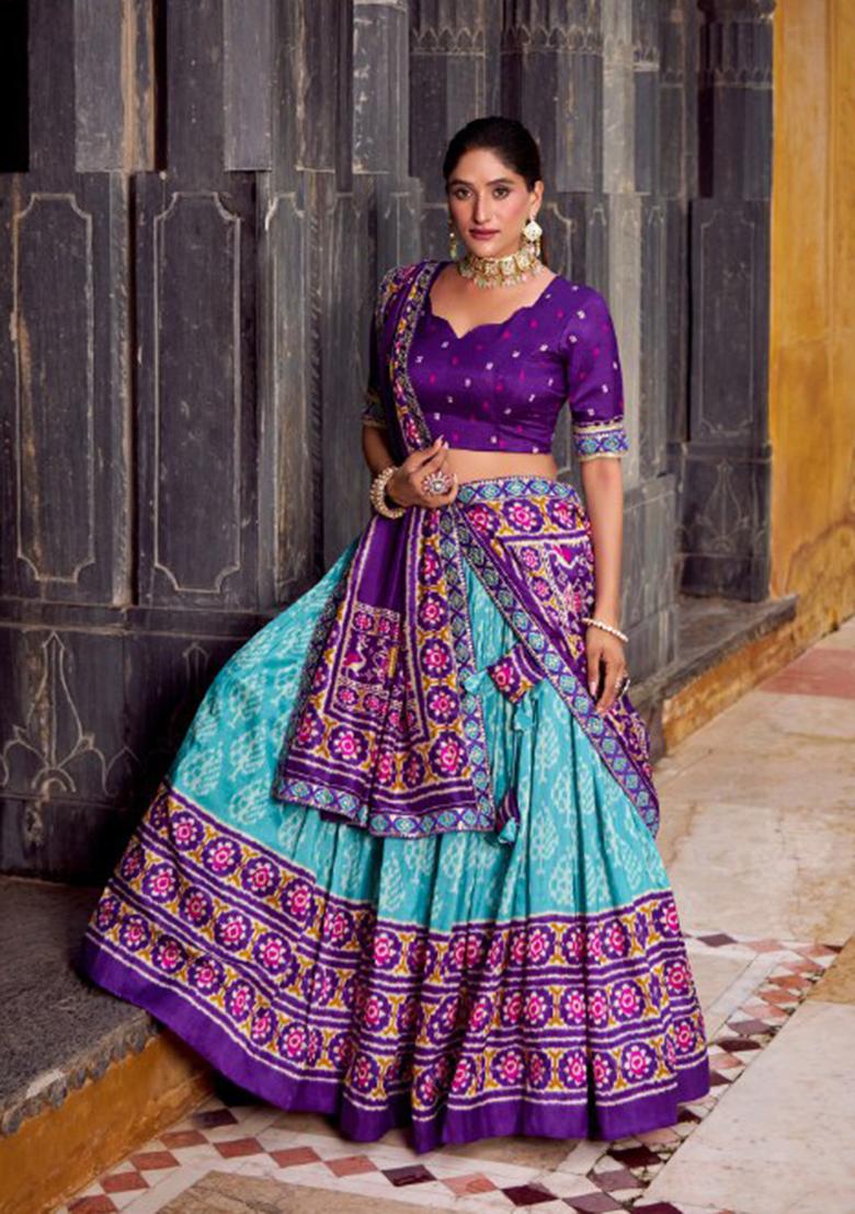 Blue Ikkat Print Silk Blend Lehenga Set - Indya
