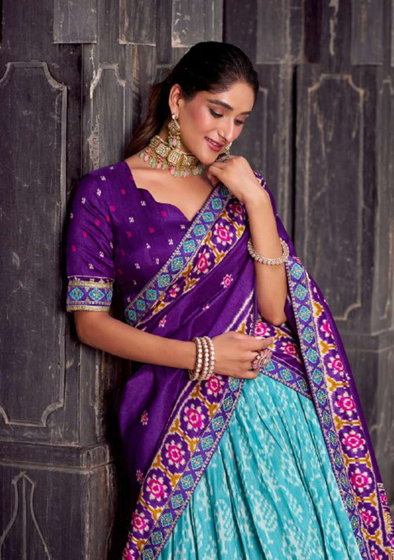 Blue Ikkat Print Silk Blend Lehenga Set for Diwali | Wedding & Festive Wear - Indya