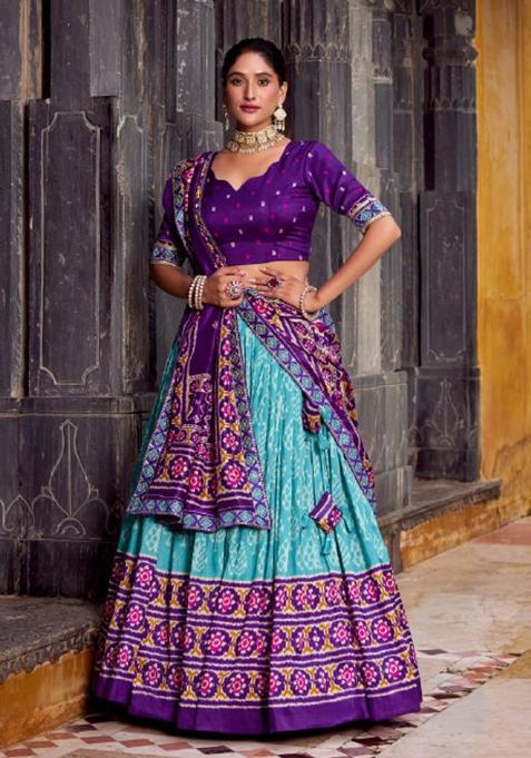 Blue Ikkat Print Silk Blend Lehenga Set