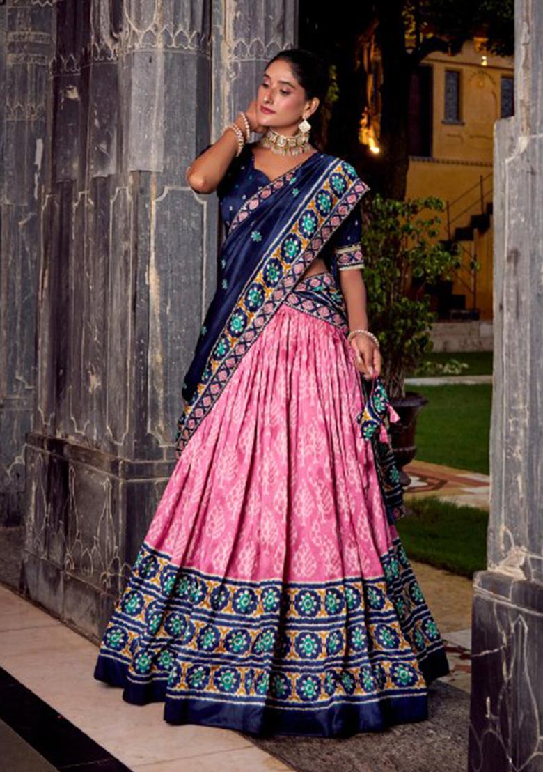 Pink Ikkat Print Silk Blend Lehenga Set - Indya