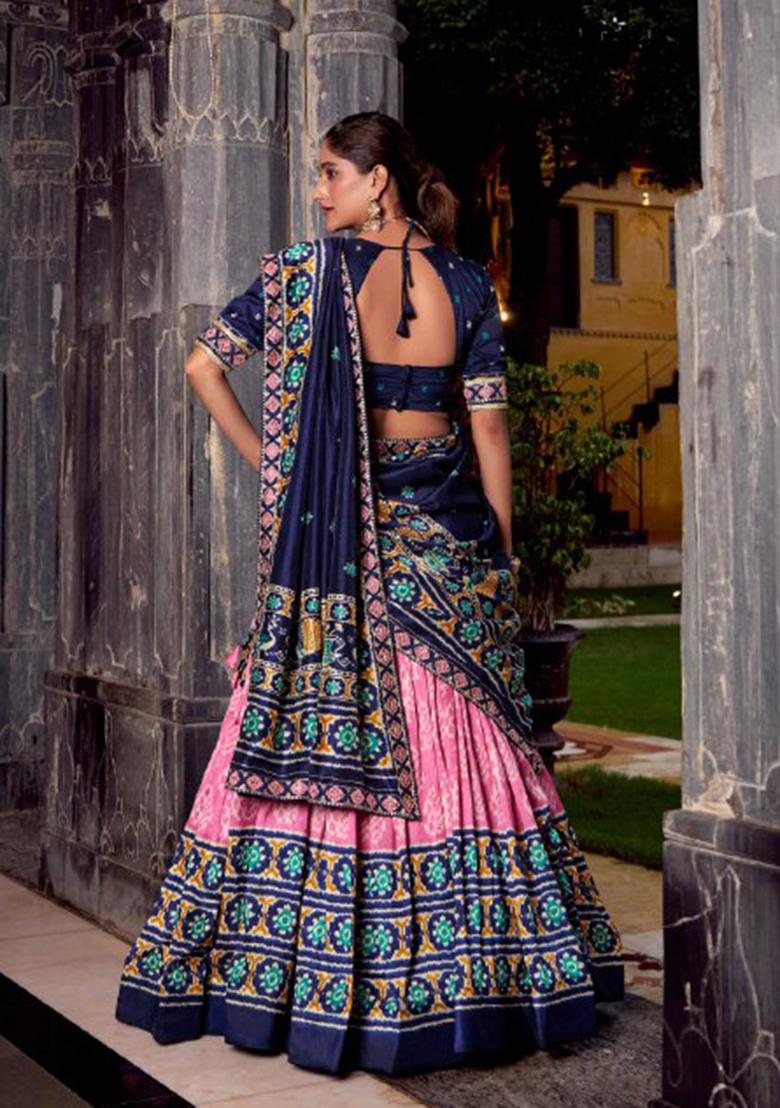 Pink Ikkat Print Silk Blend Lehenga Set - Indya