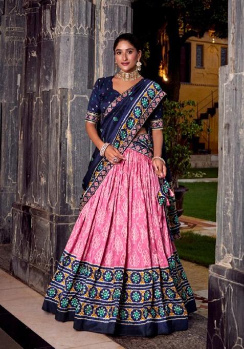 Pink Ikkat Print Silk Blend Lehenga Set