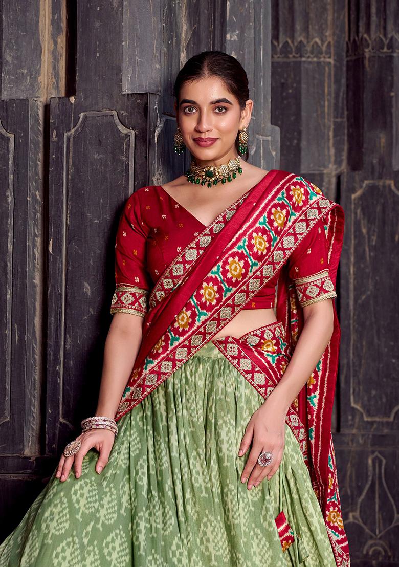 Green Ikkat Print Silk Blend Lehenga Set - Indya