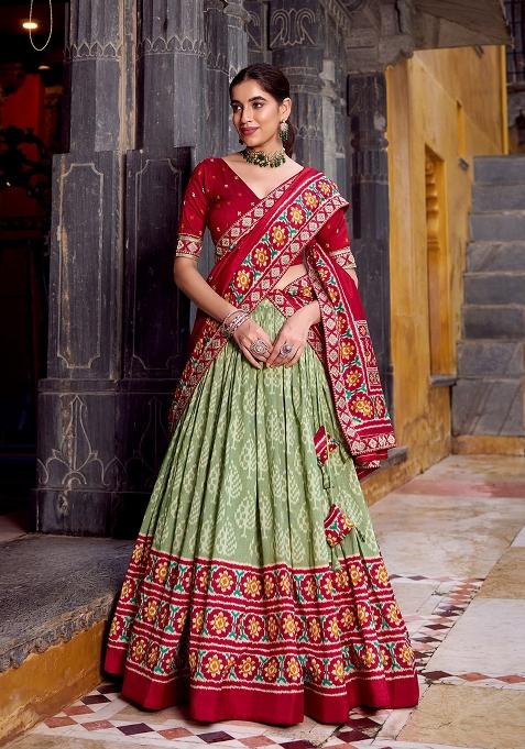 Green Ikkat Print Silk Blend Lehenga Set