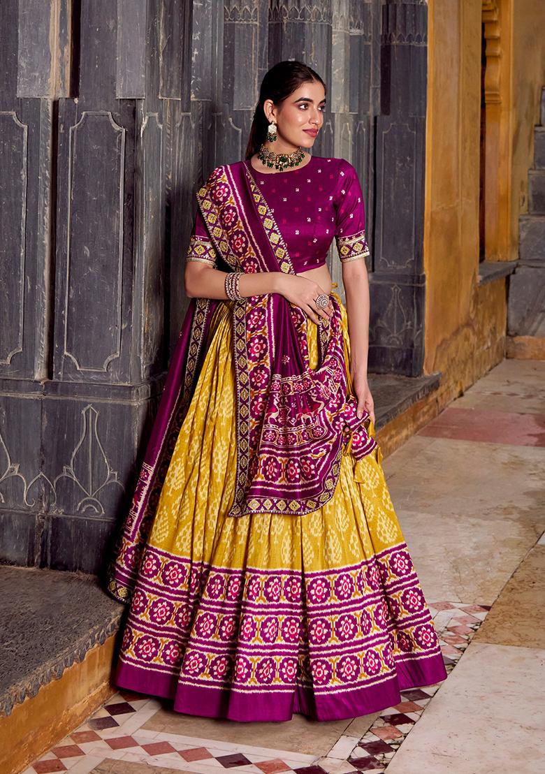 Mustard Ikkat Print Silk Blend Lehenga Set - Indya