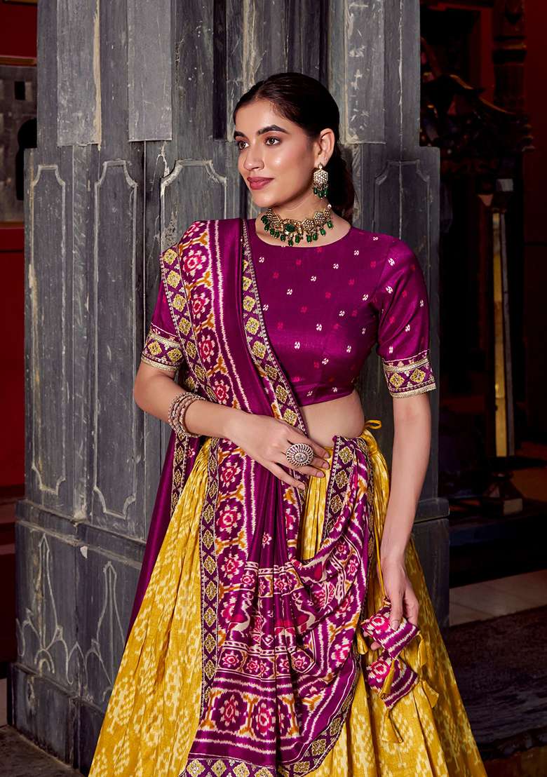 Mustard Ikkat Print Silk Blend Lehenga Set for Diwali and Festive Wear - Indya